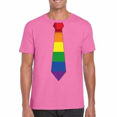 Azalea roze t shirt met regenboog vlag stropdas heren