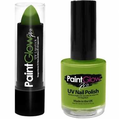 Neon groene uv lippenstift/lipstick en nagellak schmink set