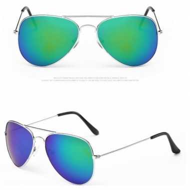 Pilotenbril zilver met blauw/groene glazen voor volwassene