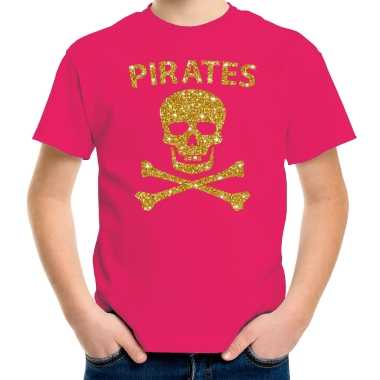Piraten shirt verkleed shirt goud glitter roze voor kinderen