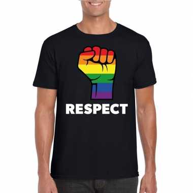 Respect lgbt shirt met regenboog vuist zwart heren