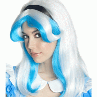 Wit/blauwe pruik met haarlintje