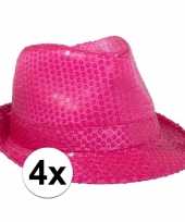 4x voordelige neon roze trilby hoed met pailletten