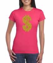 Gouden dollar gangster verkleed t-shirt kleding roze dames