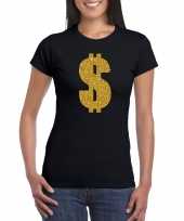 Gouden dollar gangster verkleed t-shirt kleding zwart dames