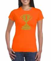 Gouden kampioens beker nummer 1 t-shirt kleding oranje dames