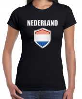 Nederland landen supporter t-shirt met nederlandse vlag schild zwart dames