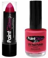 Neon roze uv lippenstift lipstick en nagellak schmink set
