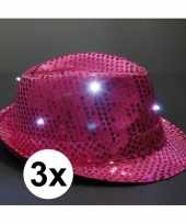 Pailletten trilby hoeden roze led light 3 stuks