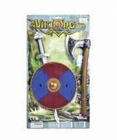 Viking zwaard met rood blauw schild en bijl set